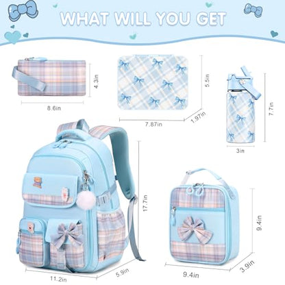 ACESAK 5PCS Backpack for Girls with Bento Box & 14oz Insulated Water Bottle - Cute School Girls Backpacks for Elementary Preschool Middle with Lunch Bag & Pencial Case, Back To School Gift (Blue) - color: Blue