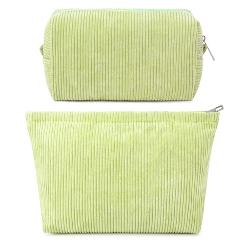 SOIDRAM 2 Pcs Corduroy Makeup Bag Large Cosmetic Bag Toiletry Bag Makeup Pouch Travel Bag Organizer Cute Makeup Brushes Aesthetic Accessories Storage Bag for Women Light Green - color: Corduroy Light Green