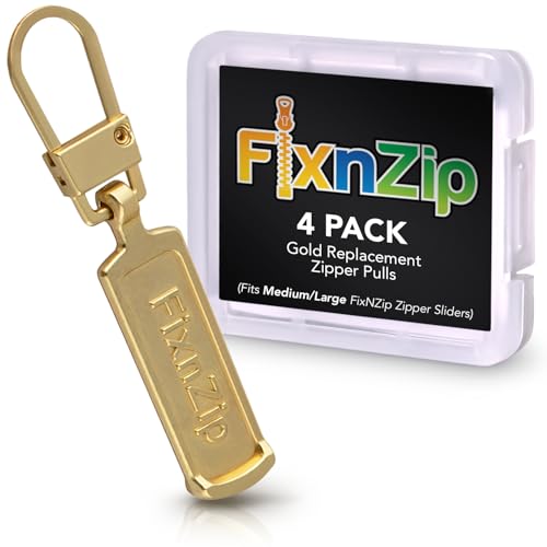 FixNZip Medium to Large Gold Zipper Pull Replacements (4-Pack) | Universal Clip-On Pull Tabs for Zipper Repair, Sliders & Luggage, Jackets, Backpacks, Tents, Sleeping Bags & Outdoor Gear - color: Gold