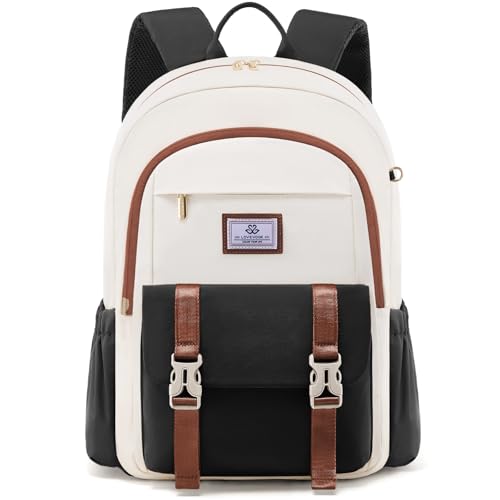 LOVEVOOK School Backpack for Girls Boys,Bookbag for College Women Middle High School, Waterproof Teen Bookbag, Preppy Backpack Travel Daypack with 15.6 inch Laptop Compartment - color: Beige-black-chestnut Brown, size: Medium-15.6" without Side Straps