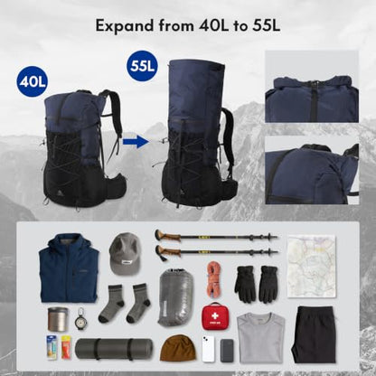 Haimont 40L+15L Roll-Top Backpacking Pack with Rain Cover, Blue | Expandable 55L, Hip Belt Support, Sleeping Pad Carry, Pole Attachments, YKK & Duraflex - color: Blue
