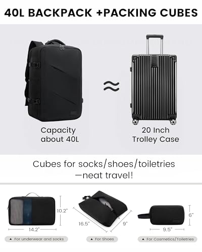 LOVEVOOK Travel Carry on Backpack, Large 40L Personal Item Travel Bag for Men & Women Flight Approved with 3 Packing Cubes, Suitcase Water Resistant Luggage Daypack Business Weekender Bag, Black - color: Black, size: 40L-4Pcs