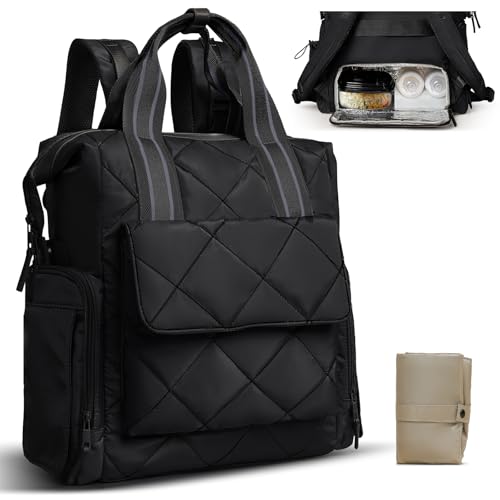 Omanmoli Diaper Bag Backpack Quilted Baby Diaper Bag Lunch Backpack Pañaleras Para Bebe for Working Moms with 11 Pouches,Large Insulated Cooler Compartment,Stroller Straps,Changing Pad,Black - color: Black