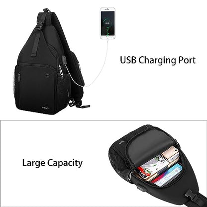 MOSISO Sling Backpack Bag, Crossbody Shoulder Bag Travel Hiking Daypack Chest Bag with Front Square Pocket&USB Charging Port - color: Black