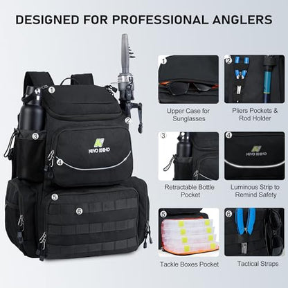 N NEVO RHINO Fishing Tackle Backpack with Rod Holders, 40L Large Fishing Bag with Waterproof Rain Cover,Outdoor Tackle Bag - color: Black Pack with 4 Trays, size: Pack with 4 Trays