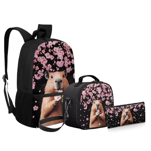 3Pcs Kid Backpack Set Backpack with Lunch Bag Pencil Case 3 Pack Set Elementary School Bag Bookbag 17 Inch Daypack Capybara Cherry Blossom Print - color: Fish