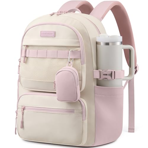 LOVEVOOK Laptop Backpack, 17" Carry On Airline Approved, Personal Item Bag Meets FAA Size, Trolley Sleeve Slides Over Suitcase, Waterproof Daypack for Travel College with Mini Pouch - color: Beige - Light Pink, size: 17 Inch
