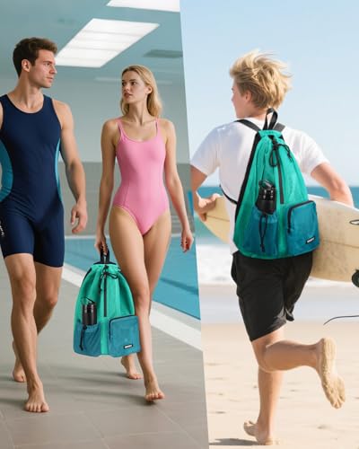 WANDF Swim Bag for Swimmers, Mesh Beach Backpack - color: Turquoise With 2 Front Pockets, size: Large