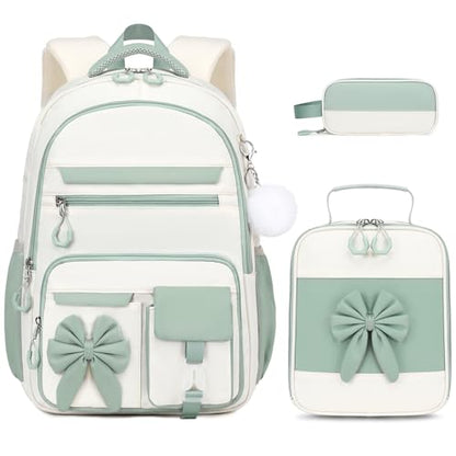 DIGOBAY Backpack for Girls, 3PCS Girls Backpack for School with Lunch Bag Pencil Case, Cute Kids Teens Bookbag for Kindergarten Elementary Preschool Middle School - color: Beige-bean Green