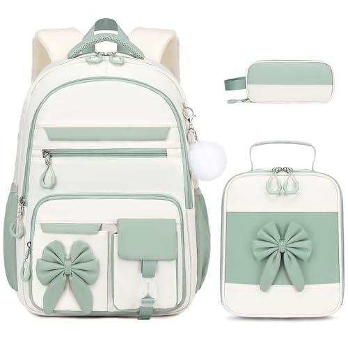 DIGOBAY Backpack for Girls, 3PCS Girls Backpack for School with Lunch Bag Pencil Case, Cute Kids Teens Bookbag for Kindergarten Elementary Preschool Middle School - color: Beige-bean Green