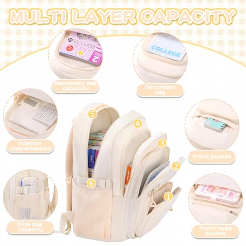 PRAGARI Cute Backpack for School Girls Aesthetic Backpack Women College Bookbag Large Students Laptop Bag Travel Casual Daypack - color: Beige