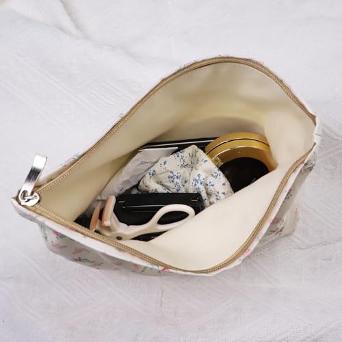 Wudygirl Flower Makeup Bag Cosmetic Bag for Women and Girls Large Capacity Makeup Pouch Aesthetic Cute Makeup Bag Canvas Toiletry Bag Pencil Pouch with Zipper (Beige and Small Floral) - color: Beige Floral