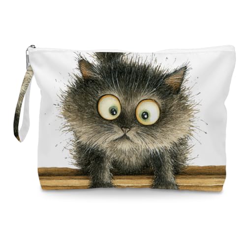Fokongna Cute Print Wet Bag, Small Portable Waterproof Multi-Functional Organizer for Women, Brown Wooden Plank Grey Cat, Ideal for Daily, Beach & Travel - color: Brown Wooden Plank Grey Cat