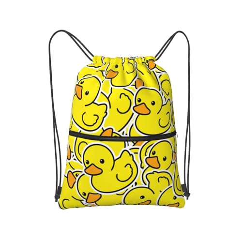 Yellow Duck Drawstring Bag, Waterproof Drawstring Bckpack for Gym Sports Birthday Party Gift, Women Men Sackpack Bag with Front Zipper Pocket and Inside Zipper Pocket - color: Yellow Duck