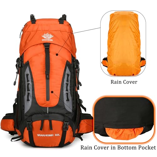 YFREAL 60L Travel Hiking Camping Backpack with Rain Cover,Backpack Water Resistant,Climbing Backpack for Men Women (ORANGE) - color: Orange