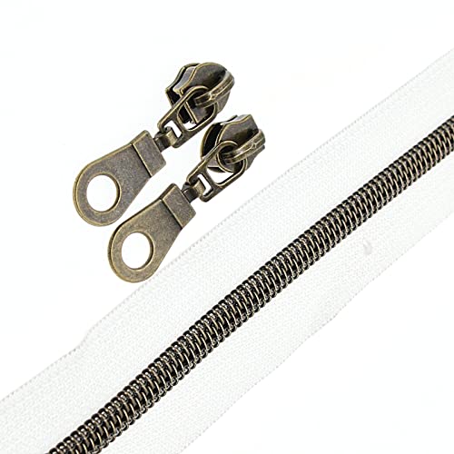 #5 Antique Brass Metallic Nylon Coil Zippers by The Yard, Bulk 10 Yards White Tape with 25PCS Antique Brass Zippers Pulls for DIY, Sewing, Tailor, Craft, Bags YIGUANXIN - color: White-Brass