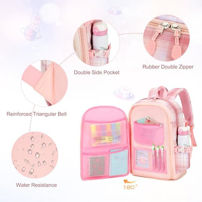 FIXITOK Girls Backpack Set, 3PCS Kids Backpack for Girls, Kawaii Bunny School Backpacks for Girl Kindergarten Elementary Preschool Middle School Bags with Lunch Box Pencil Case Pink-Plaid - color: Pink-plaid