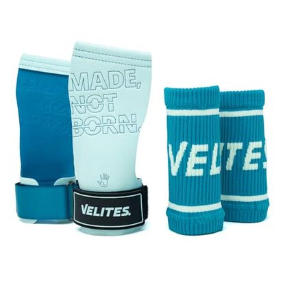 Velites - Official Games Quad Pro Grips - with Chalk - Wristbands Included - Pull-ups, Muscle-ups, and Toes-to-bar - color: LIGHT BLUE, size: X-Large