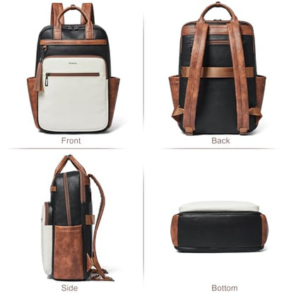 Shrrie Laptop Backpack for Women 15.6 inch Travel Leather Backpack Purse Work Computer Backpacks for Business College Black With Brown and White - color: Black With Brown and White
