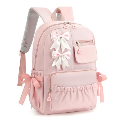 Girls Elementary School Backpack with Bows for Kids Kawaii Coquette Bookbag - color: Pink, size: Medium (15"h)