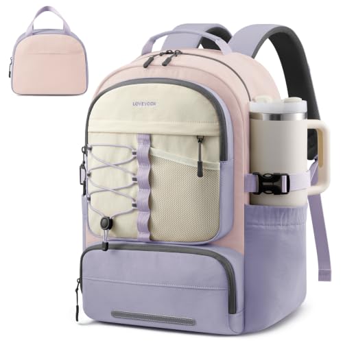 LOVEVOOK School Backpack for Teen Girls, 2PCS Cute Student Kids Bookbag Purse for Middle High School with Lunch Bag & Pens Compartment, Large Capacity College Student Backpacks, Fits 15.6'' Laptop - color: Purple Pink Beige, size: Medium with lunch bag