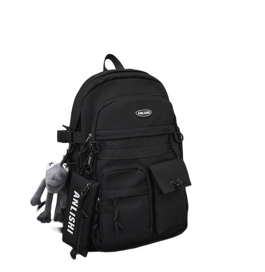 Urban Cargo Backpack, Multi-Pocket Nylon Daypack with Detachable Pouch & Plush Charm for Commute, Travel & Daily Use (black) - color: Black