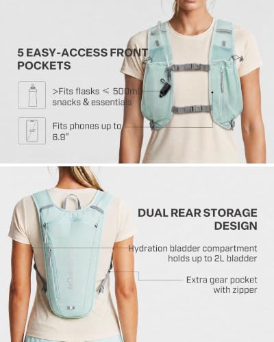 EVERFUN Hydration Backpack Running Vest Small Hiking Water Backpack with 1.5L Water Bladder for Women Men, Lightweight Reflective Phone Holder Hydro Pack for Trail Running, Biking, Race, Marathons - style: Aqua