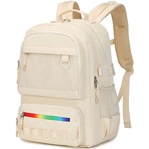 Lanola Backpack for Men Women Classic Water-resistant Lightweight Travel School Backpack Casual Daypack Laptop Backpack Fit 15.6 Inch - Beige - color: Rainbow Zipper-beige