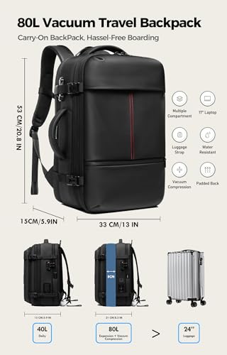 IKYWT 80L Vacuum Seal Travel Backpack with Compression System | Expandable, 5kPa High Power Pump, 17” Laptop Compartment, TSA Lock, Water-Resistant - color: Black