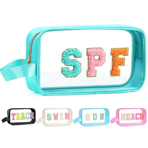 Kacctyen Clear Beach Swim SPF Makeup Bag Preppy Chenille Letter Cosmetics Nylon Toiletry Waterproof Makeup Travel Pouch Snack Bags for Women(Blue,Spf) - color: Blue, style: Spf
