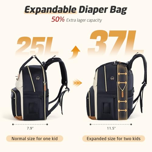 Diaper Bag Backpack - Extra Large Diaper Bag for 2 Kids Twin, Travel Baby Bags for Mom Dad 25-37L Expandable with Changing Pad Earphone Hole, Apricot Black - color: Black & Apricot