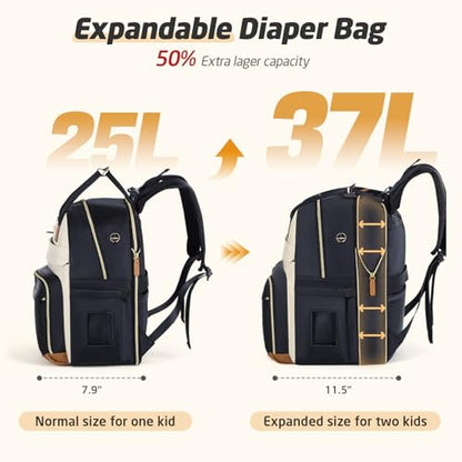 Diaper Bag Backpack - Extra Large Diaper Bag for 2 Kids Twin, Travel Baby Bags for Mom Dad 25-37L Expandable with Changing Pad Earphone Hole, Apricot Black - color: Black & Apricot