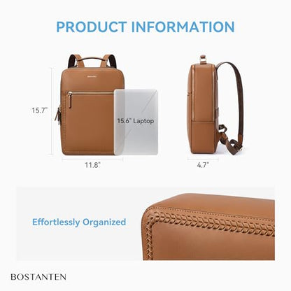 BOSTANTEN Leather Backpack 15.6 inch Laptop Bag Travel Casual Computer Backpack College Business Work Shoulder Bags with Trolley Sleeve for Women Men Brown - color: Brown