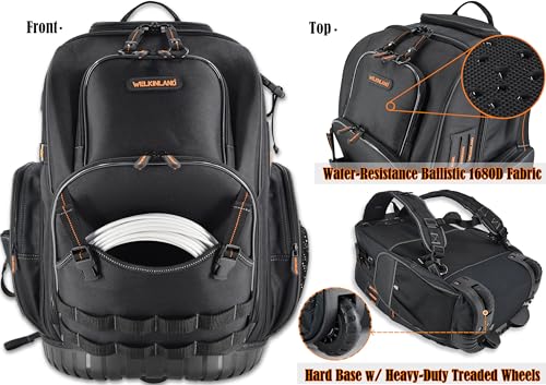 WELKINLAND 72Pockets Rolling Tool backpack, Large tool bag with wheels, Rolling Electrician bag with wheels for men