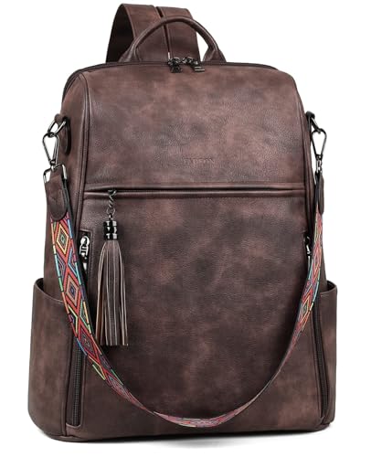 FADEON Leather Laptop Backpack for Women Designer 15.6 inch PU Laptop Bag, Ladies Travel Computer Work Backpack Coffee Brown - color: Coffee Brown Retro Style