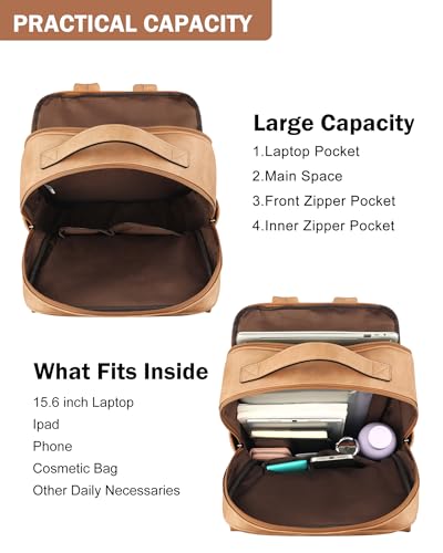 MASINTOR 15.6 inch PU Leather Laptop Backpack Purse for Women, Large College Casual Backpack Travel Bag Retro Camel - color: Retro Camel