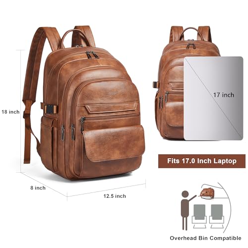 Vegan Leather Backpack, TSA Travel Backpack for Men and Women, Fits 17.0 Inch Notebook with Luggage Strap and USB Port, Brown - color: Brown
