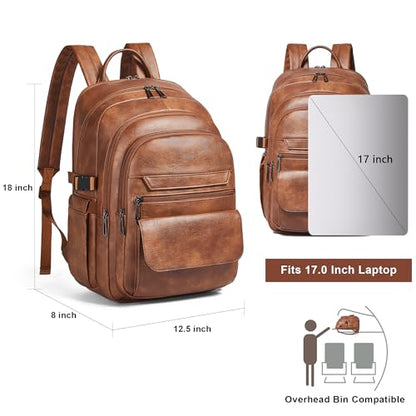 Vegan Leather Backpack, TSA Travel Backpack for Men and Women, Fits 17.0 Inch Notebook with Luggage Strap and USB Port, Brown - color: Brown