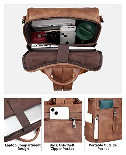 FADEON Leather Laptop Backpack for Women Designer 15.6 inch PU Laptop Bag, Ladies Travel Computer Work Backpack Brown - color: 1 Brown Retro Style