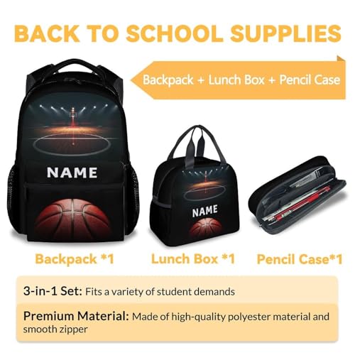 Mercuryelf Custom Basketball Backpack with Lunch Box And Pencil Case, Personalized Elementary Kindergarten School Preschool Bookbag for Boys Girls Kids, Set of 3 - color: Basketball-2-3