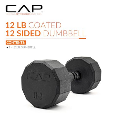 CAP Barbell Coated Hex Dumbbell Weight - Single | 10-120 lbs | Multiple Options - size: 12 lb, style: 12-Sided - Black Handle