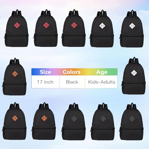 12 Pack Backpacks in Bulk,17-inch Lightweight Bookbags for Elementary,Middle,and High School Students,Bulk Backpacks for Kids,Boys,Girls,Classroom,Travel,Gym Supplies (Black) - color: Black