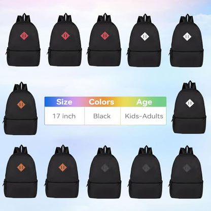 12 Pack Backpacks in Bulk,17-inch Lightweight Bookbags for Elementary,Middle,and High School Students,Bulk Backpacks for Kids,Boys,Girls,Classroom,Travel,Gym Supplies (Black) - color: Black
