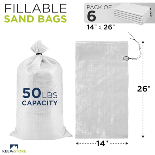 Heavy Duty Sand Bags Pack of 6, White Empty Sandbags with Built-In Ties, Woven Polypropylene UV Protection 1600 Hours, Fillable Bags for Flood Control, Weight, 14x26 inches, 50 Pounds Volume - size: 14"W x 26"L, style: Pack of 6