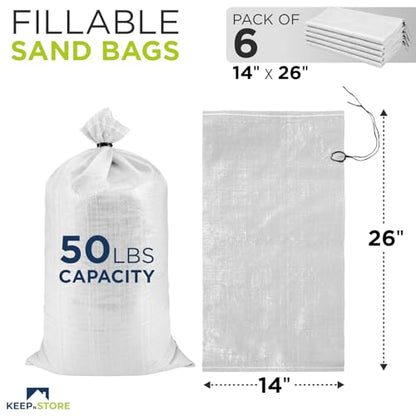Heavy Duty Sand Bags Pack of 6, White Empty Sandbags with Built-In Ties, Woven Polypropylene UV Protection 1600 Hours, Fillable Bags for Flood Control, Weight, 14x26 inches, 50 Pounds Volume - size: 14"W x 26"L, style: Pack of 6