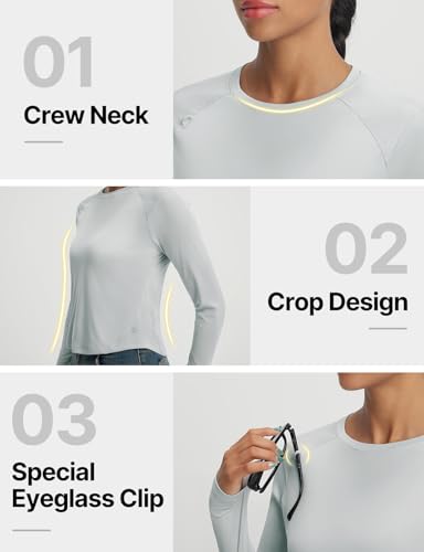 baleaf Women's UPF 50+ Long Sleeve Sun Shirts Crop Rash Guard UV Workout Tops SPF Slim Fit Lightweight Athletic Hiking - color: Light Gray, size: X-Small