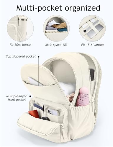 Uselike Travel Backpack for Women, 15.6 Inch Laptop Backpack, Quilted College Bookbag, Cute Work Backpacks, Water Resistant - color: Beige