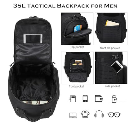 35L Tactical Backpack for Men Heavy Duty Military Backpack 3 Day Assault Pack Molle Backpack Hiking Rucksack (Black1) - color: Black1