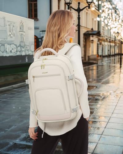 LOVEVOOK Travel Backpack For Women, 40L Carry On Backpack Flight Approved, TSA Personal Item Backpack Fits 17 Inch Laptop, Business Weekender Overnight Waterproof Daypack With 2 Packing Cubes, Beige - color: Beige, size: 40l-17.3 Inch-3pcs Standard