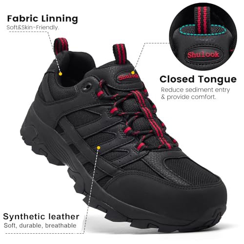 SHULOOK Men's Waterproof Hiking Shoes Lightweight Anti Slip Outdoor Ankle Boots Breathable Hike Trekking Trails Shoe - color: Black/Red-02, size: 7
